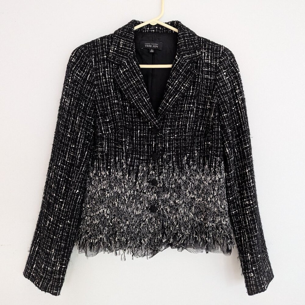 Rickie Freeman Teri Jon Tweed Jacket Black & White Fringe Size 6